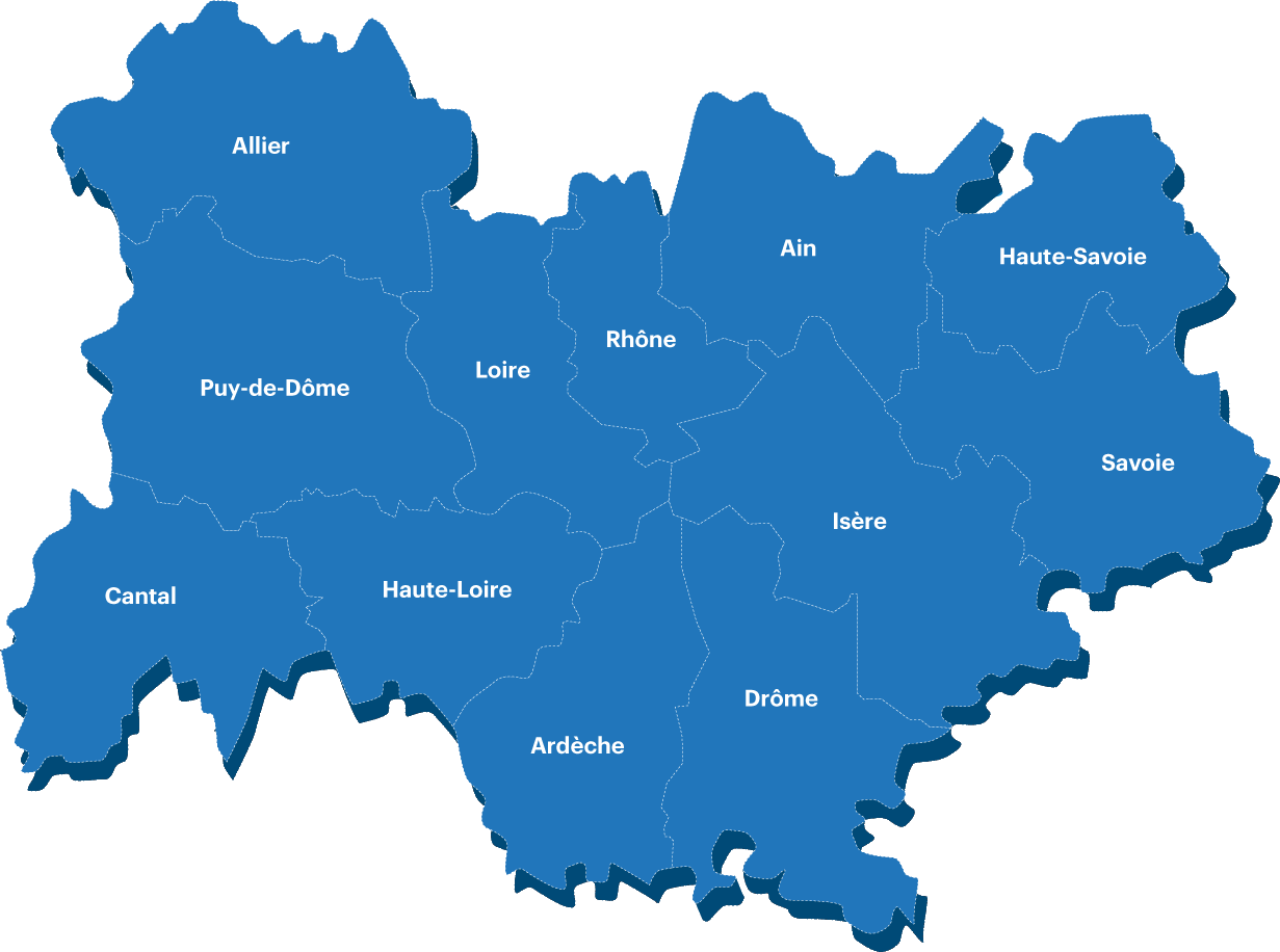 Carte des douze départements de la région Auvergne-Rhône-Alpes